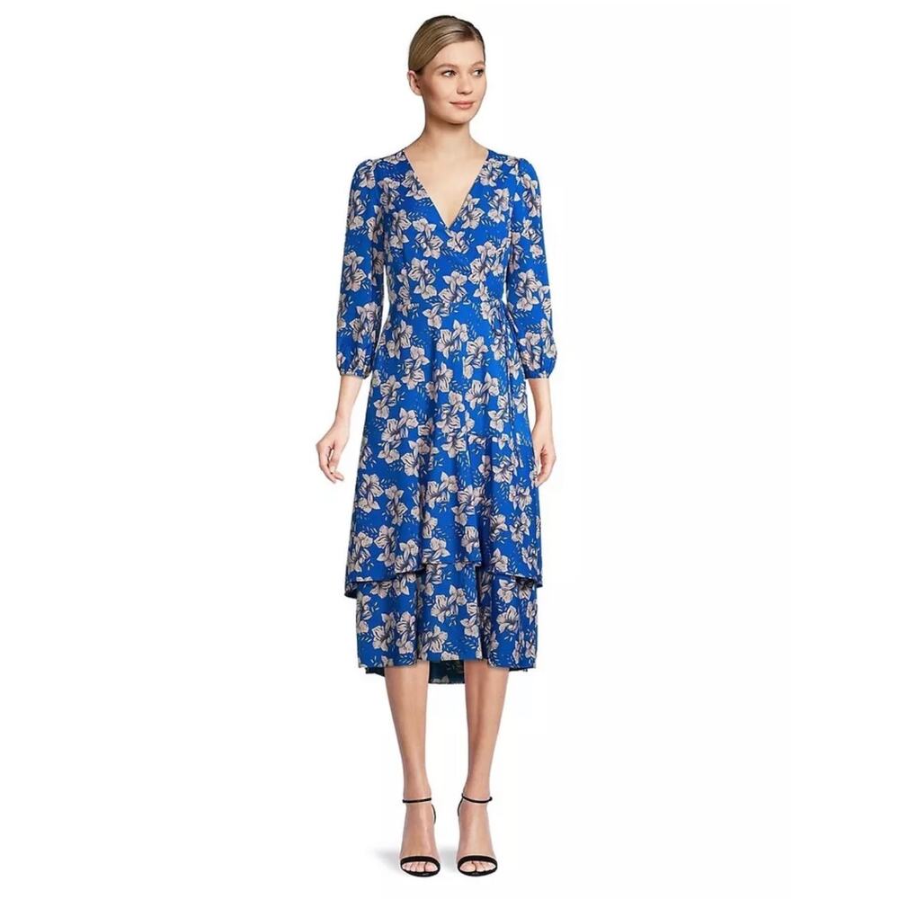 Eliza J Floral Blue Wrap Tiered Midi Dress